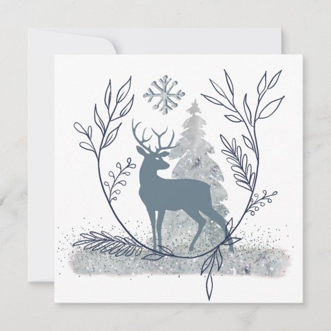 Snowy Glitter Winter Solstice Deer Holiday Card (Front)