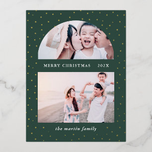 Snowy Globe Christmas Photo Green Foil Holiday Postcard