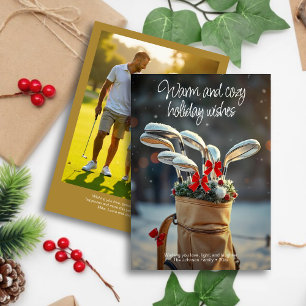 Snowy Golf Winter Season Wishe • Family Photo Gold Holiday Card