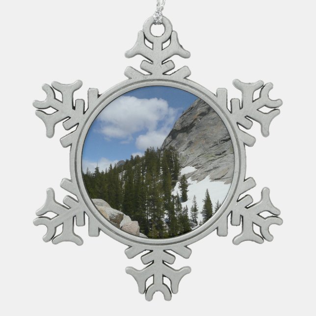 Snowy Granite Domes II Yosemite National Park Snowflake Pewter Christmas Ornament (Front)