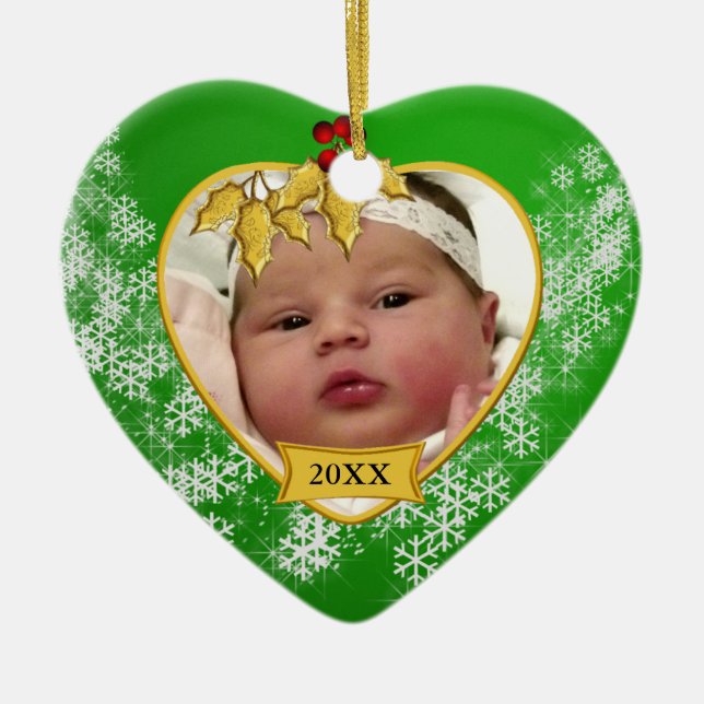 Snowy Green and Gold Baby's 1st Christmas Photo Ceramic Tree Decoration (Front)