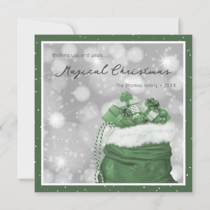 Snowy Green Santa's Bag Magical Christmas Holiday Card