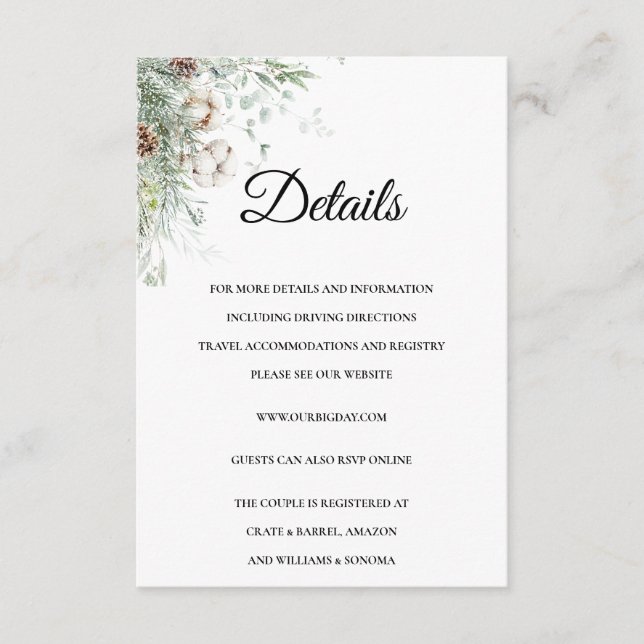 Snowy Greenery floral Enclosure Card Details (Front)