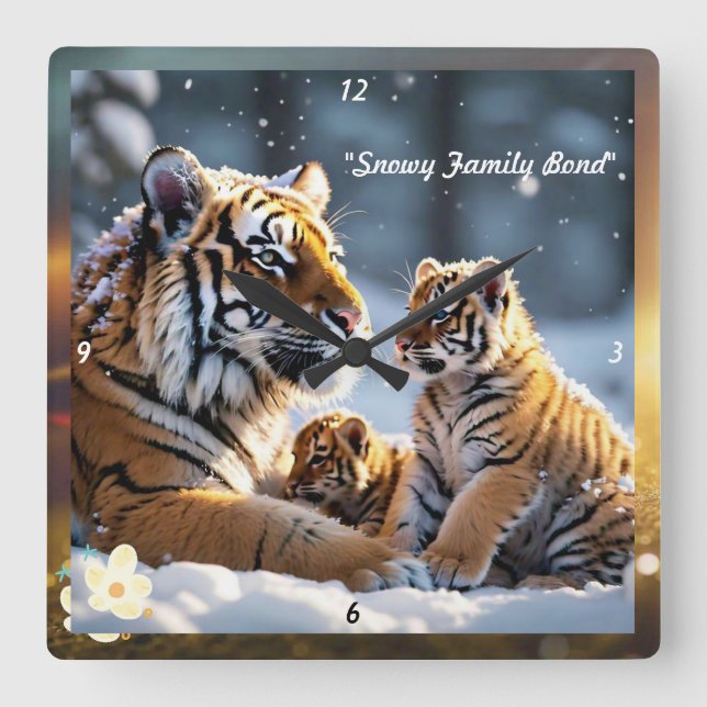 "Snowy Haven for Tiger Family" Square Wall Clock (Front)