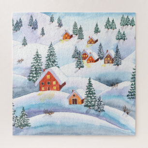 Snowy hills, houses: watercolor landscape jigsaw puzzle