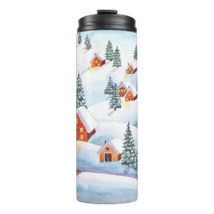 Snowy hills, houses: watercolor landscape thermal tumbler