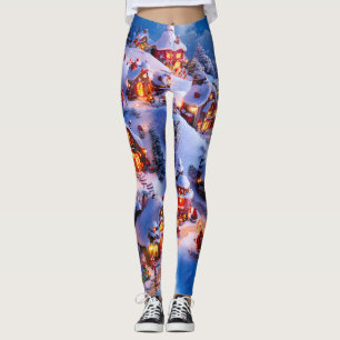 Snowy Hills Whimsical Christmas Village Leggings
