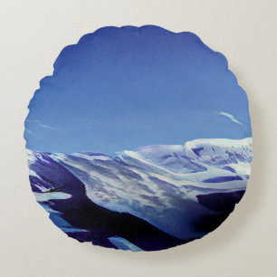 Snowy hills, winter panorama round cushion