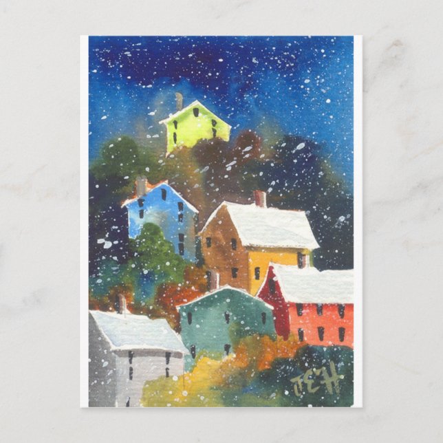 Snowy Hillside Houses Postcard (Front)