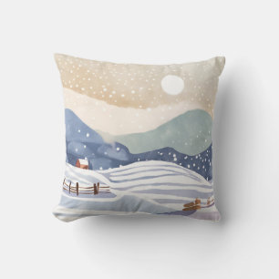 Snowy Hillside   Watercolor Winter Painting Cushion