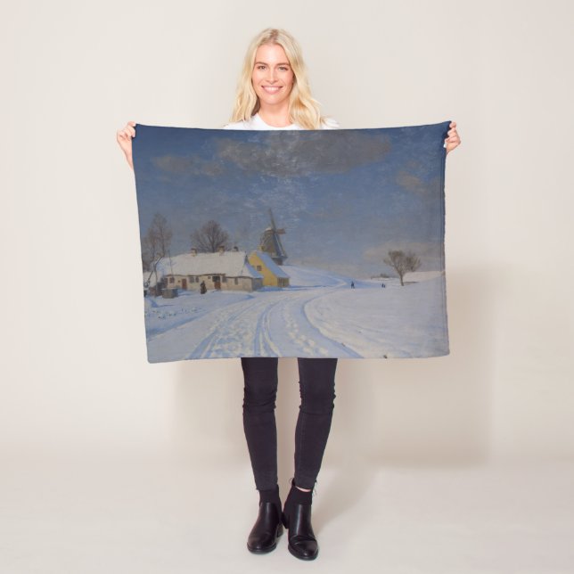 Snowy Landscape in Winter (by H.A. Brendekilde) Fleece Blanket (In Situ)