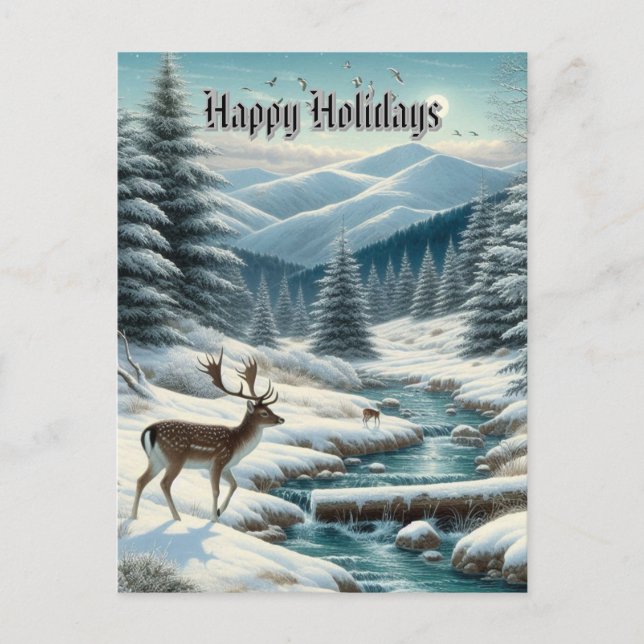 Snowy Landscape with Deer Happy Holidays Postcard (Front)