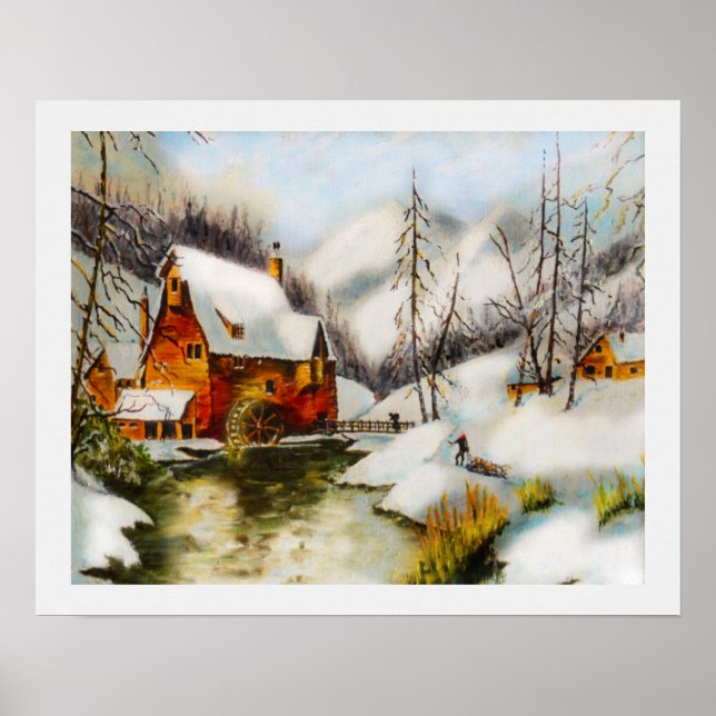 Snowy landscape with water wheel poster (Front)