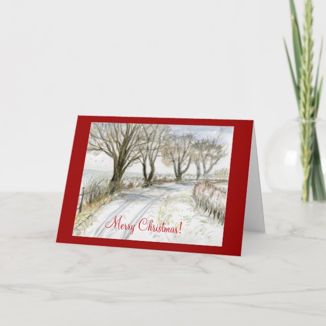 Snowy Lane Northumberland England Merry Christmas Holiday Card (Front)