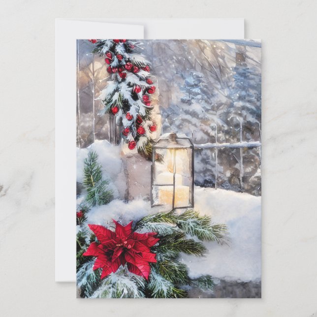 Snowy lantern budget mini Christmas Holiday Card (Front)