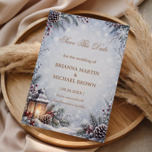 Snowy Lantern Pinecone Winter Romance Save The Date