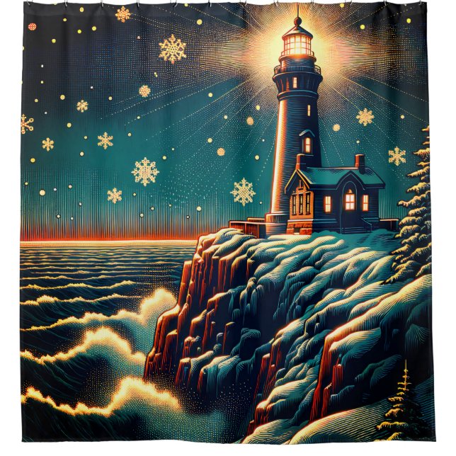 “Snowy Lighthouse on Cliff” Shower Curtain (Front)
