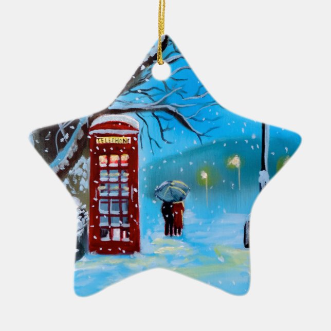 Snowy London winter couple red umbrella Ceramic Tree Decoration (Front)