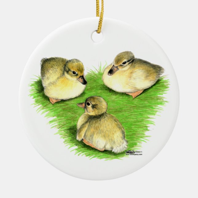 Snowy Mallard Ducklings Ceramic Tree Decoration (Front)