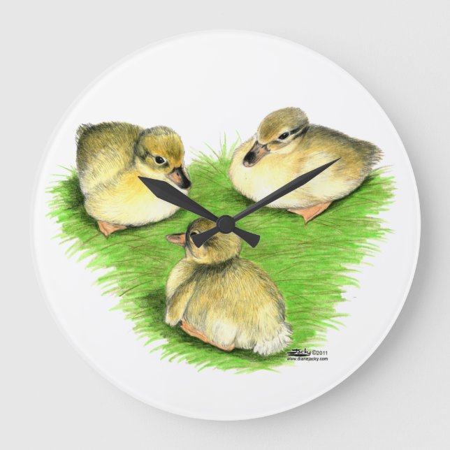 Snowy Mallard Ducklings Large Clock (Front)