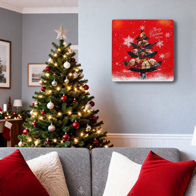 Snowy Merry Christmas Family Photo Tree Square Wall Clock (Creator Uploaded)
