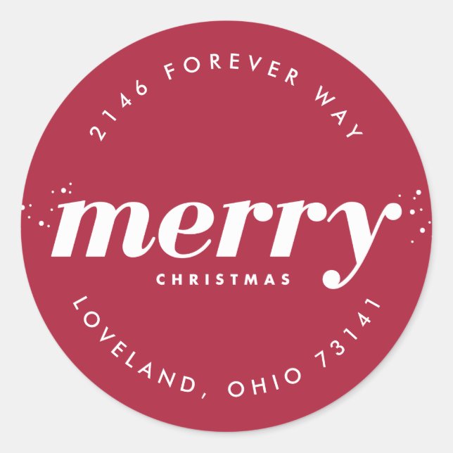 Snowy Modern Merry Christmas Return Address Classic Round Sticker (Front)
