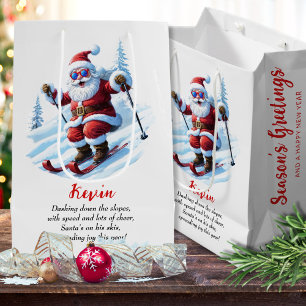 Snowy Modern Ski Santa Red And White Christmas Medium Gift Bag