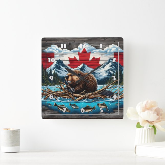 Snowy Mountain, Beaver, Canadian Pride Square Wall Clock (Home)