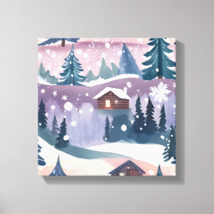 Snowy Mountain Cabin Watercolor Canvas Print