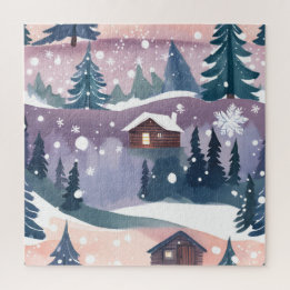 Snowy Mountain Cabin Watercolor Jigsaw Puzzle