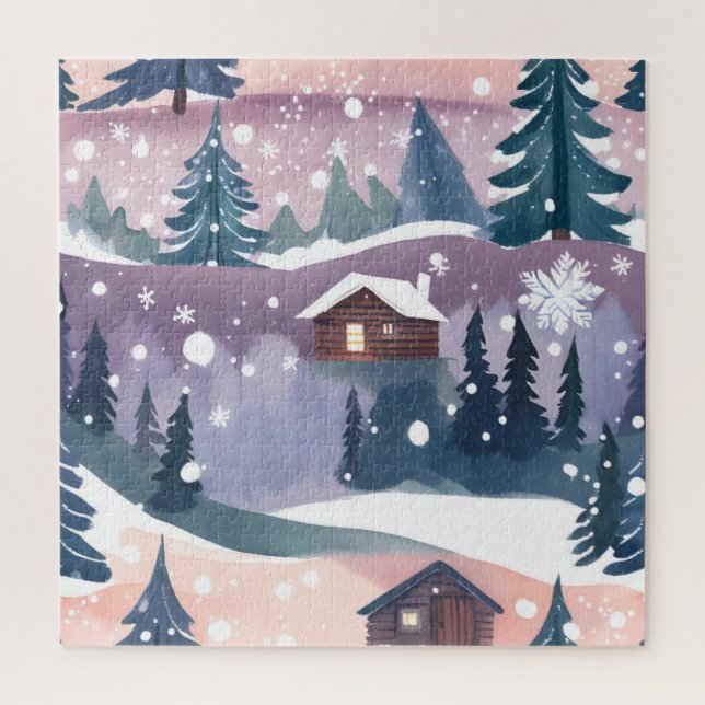 Snowy Mountain Cabin Watercolor Jigsaw Puzzle (Vertical)