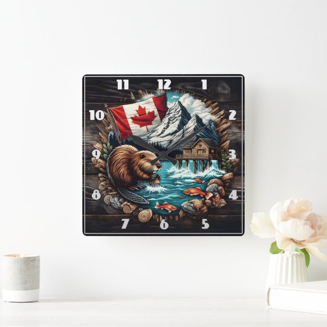 Snowy Mountain, Canadian Beaver, Ocean View Square Wall Clock (Home)