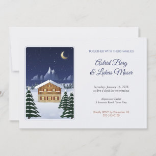 Snowy Mountain Chalet at Night Wedding Invite