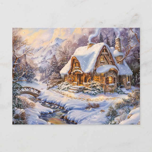 Snowy Mountain Cottage by Stream Postcard (Front)