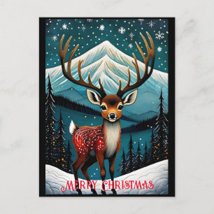 Snowy Mountain Cute Santa Baby Deer Christmas Postcard