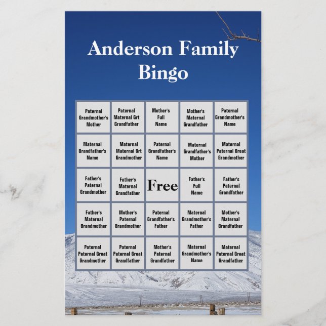 Snowy Mountain Family Name and Photo Bingo Game Stationery (Front)