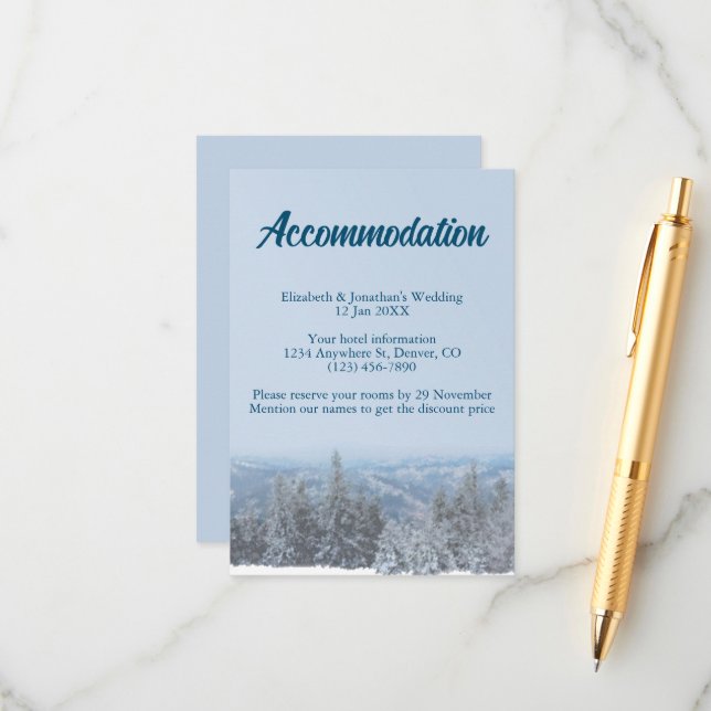 Snowy Mountain Forest Wedding Accommodation Enclosure Card (Front/Back In Situ)