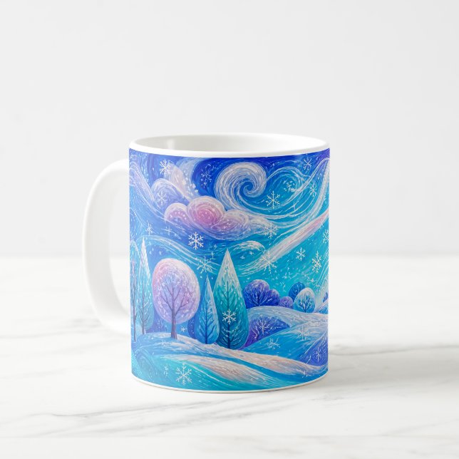 Snowy mountain forest with drifting snow coffee mug (Front Left)