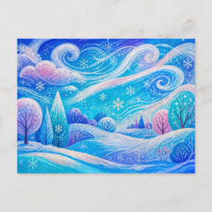 Snowy mountain forest with drifting snow postcard