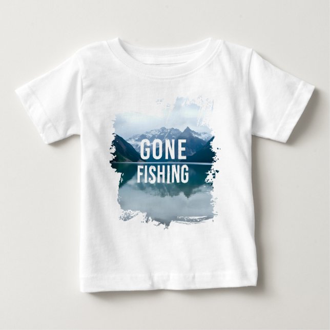 Snowy Mountain Lake Gone Fishing Baby T-Shirt (Front)