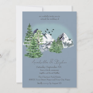 Snowy Mountain Landscape Pine Forest on Dusty Blue Invitation