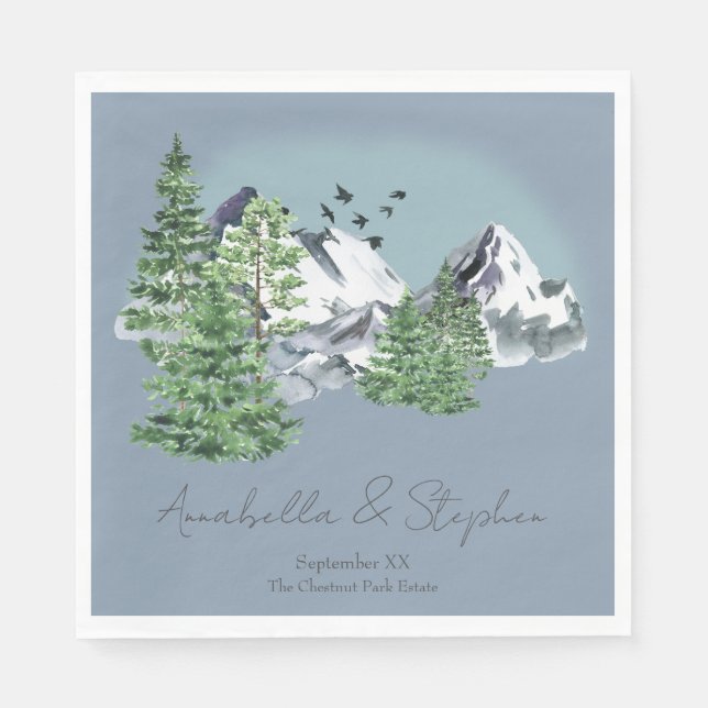 Snowy Mountain Landscape Pine Forest on Dusty Blue Napkin (Front)