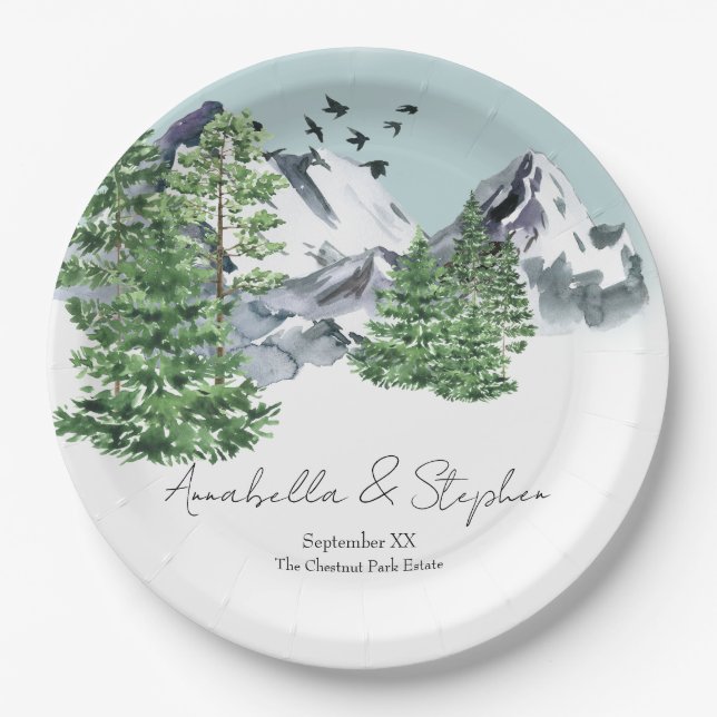 Snowy Mountain Landscape with Pine Forest Trees Paper Plate (Front)