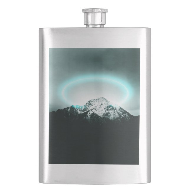 Snowy mountain mysterious blue neon light hip flask (Front)