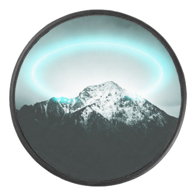 Snowy mountain mysterious blue neon light hockey puck (Front)