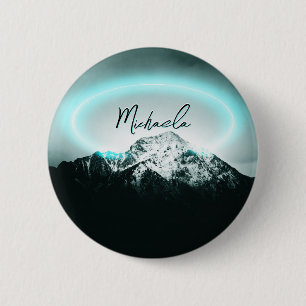 Snowy mountain mysterious blue neon light monogram 6 cm round badge