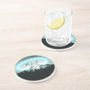 Snowy mountain mysterious blue neon light monogram coaster