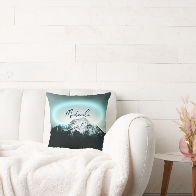 Snowy mountain mysterious blue neon light monogram cushion (Couch)