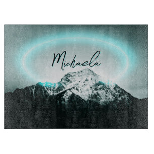 Snowy mountain mysterious blue neon light monogram cutting board