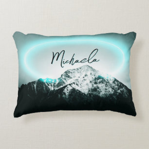 Snowy mountain mysterious blue neon light monogram decorative cushion